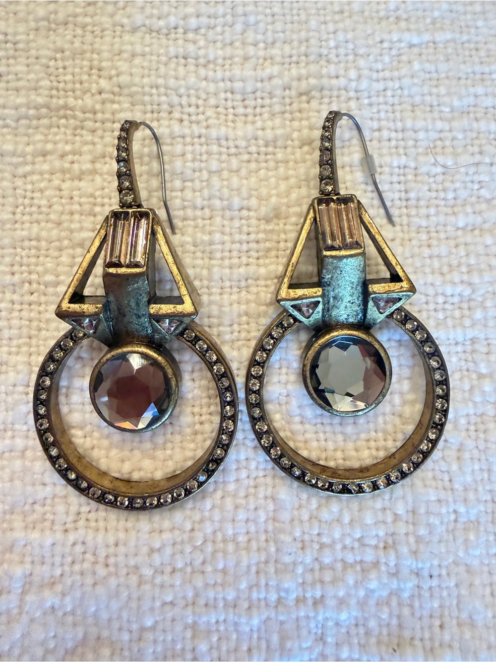 Lia Sophia antique brass-tone smoky crystal hoop drop earrings vintage